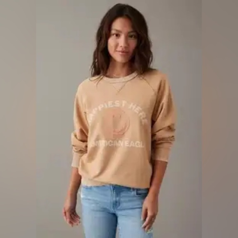 American Eagle Outfitters Tan Logo Crewneck Sweatshirt
